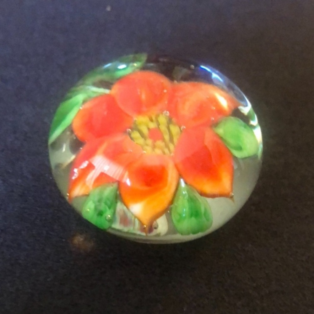 Hand Blown Glass Art Floral Paperweight.